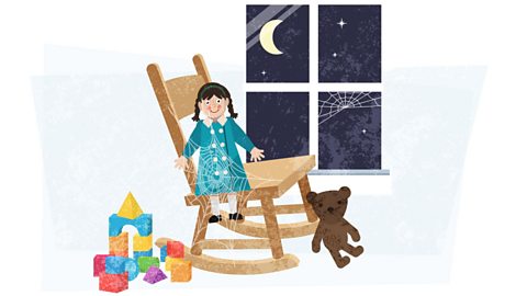 A doll sitting on a rocking chair in a nursery. There are cobwebs on the walls and the moon is shining through the window.