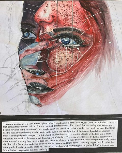 Abstract painting of a face with notes below it