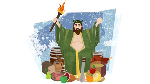 The Ghost of Christmas Present wearing a green robe and carrying a lit torch. They have a holly wreath around their heads and are surrounded by piles of food.