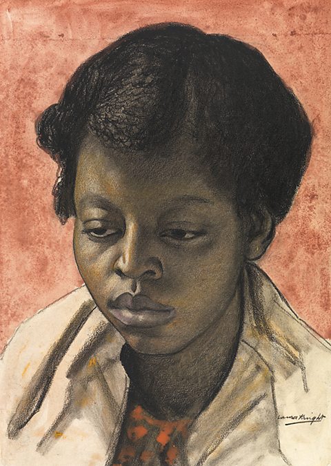 A woman s head and shoulders drawn in pastel