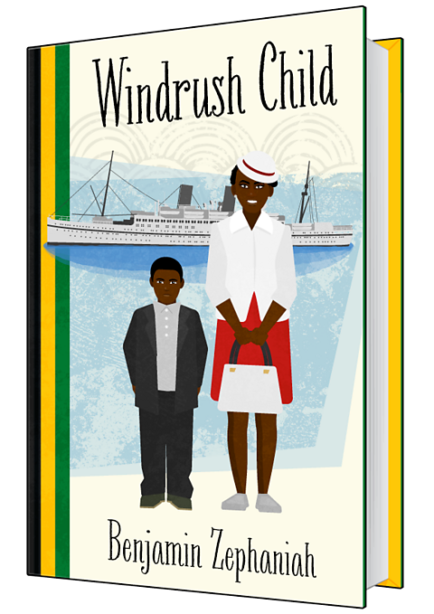 The front cover of a book with the title Windrush Child by Benjamin Zephaniah. The image shows a boy in a smart suit standing next to his mum, who is wearing a red dress, white jacket and hat. Behind them is a large ship.