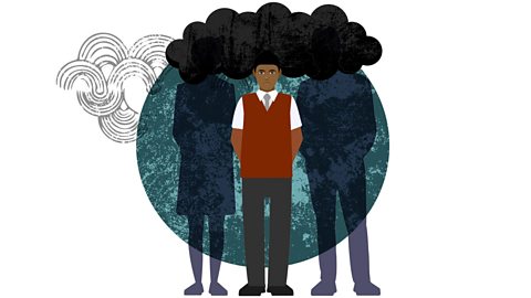 Leonard and his parents standing under a dark storm cloud