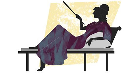 The silhouette of a woman reclined on a chair and holding a wand.