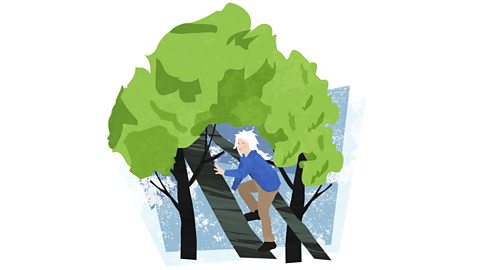 A girl with long, messy, white hair, wearing a blue jumper and brown trousers, climbing a tree.