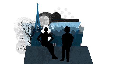 Sophie and Matteo sit on a rooftop in Paris. The Eiffel Tower and moon are behind them.