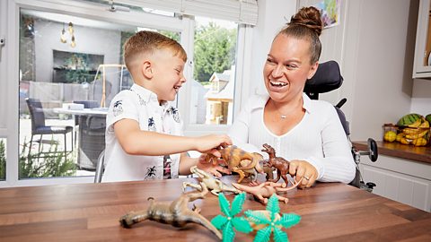 A mum in a wheelchair and her son playing with dinosaur toys.