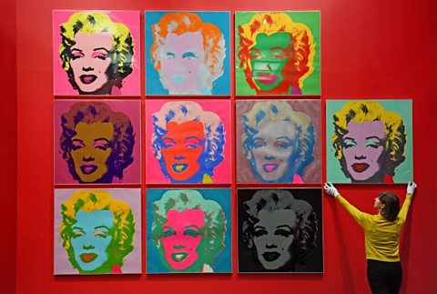 Andy Warhol's print of Marilyn Monroe's face. There are ten of the same print but all in different colours.