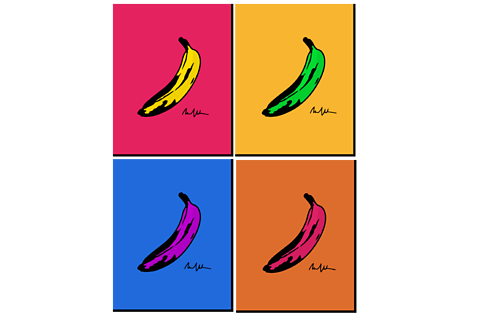 Four prints of the same banana but in different colours.