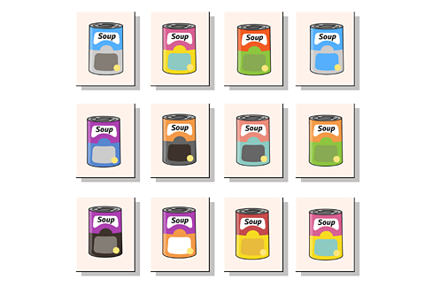 Twelve prints of the same can of soup in different colours.