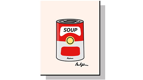 A cartoon red and grey soup can.