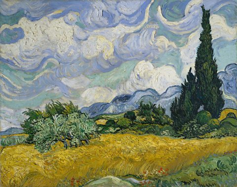 Wheat Field with Cypresses by Vincent van Gogh, showing a colourful landscape of wheat fields and clouds in the sky