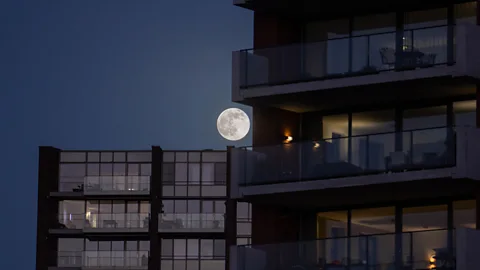 Nicolas Economou/Getty Images A Wolf Moon seen between buildings (Credit: Nicolas Economou/Getty Images)