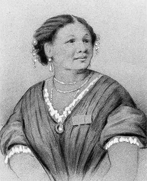 A sketch of Mary Seacole wearing a dress with her hair tied up, with some jewellery.