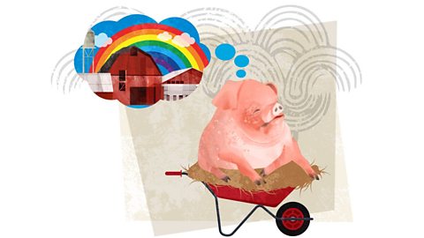 Old Major sat in a wheelbarrow. Above his head is a dream cloud. Inside the cloud is an image of the farm with a rainbow over it.