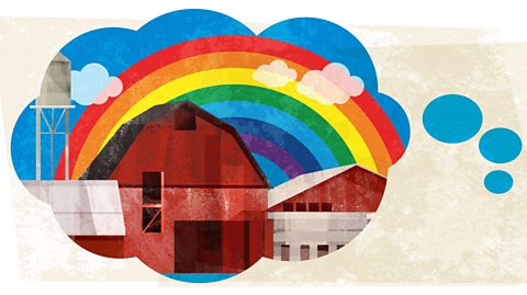 A dream cloud showing an image of the farm with a rainbow behind it.