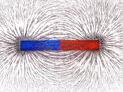 A bar magnet with metal fillings displaying it's magnetic field. 