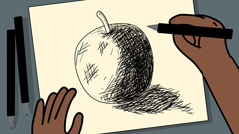 A drawing of an apple using hatching and cross-hatching 