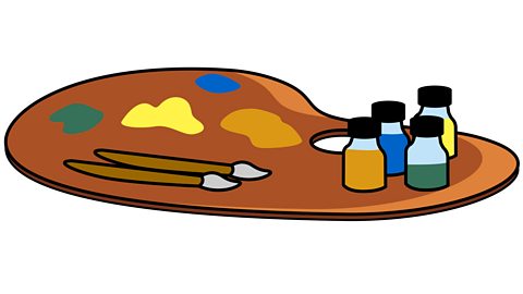 A palette with paint pots and paintbrushes