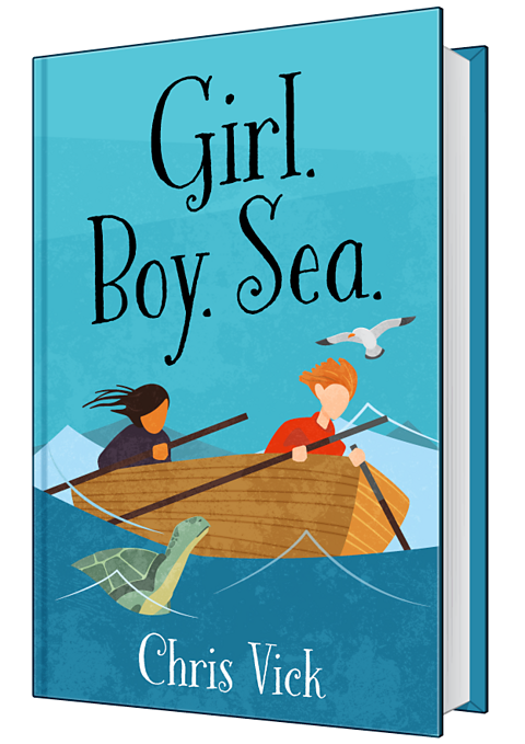 The front cover of a book with the title Girl. Boy. Sea. by Chris Vick. It shows a boy and girl in a small rowing boat on the ocean. There is a sea turtle in the water and a seagull flying overhead.