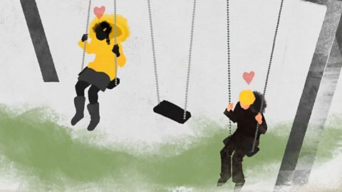 Callum and Sephy on swings. There is an empty swing between them and love hearts over both of their heads.