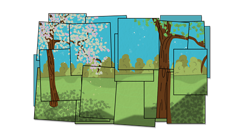 An illustration of a David Hockney digital photomontage featuring a scene from Spring with pink tree blossom