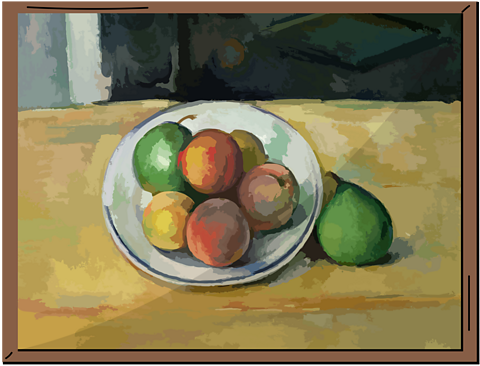 An illustration of a Paul Cézanne still life painting featuring fruit in a bowl