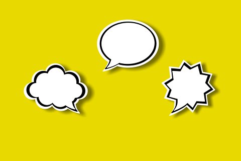 Some thought/speech bubbles of different shapes on a yellow background.
