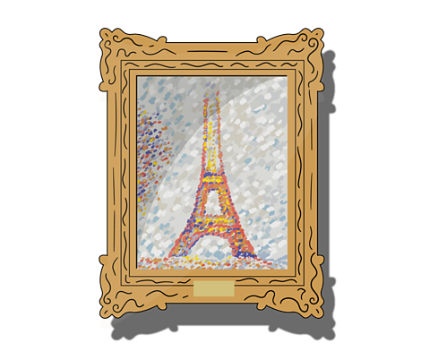 A cartoon pointillist painting of the Eiffel Tower in a frame. The painting is made up of lots of dots in different colours to make a bigger picture. 