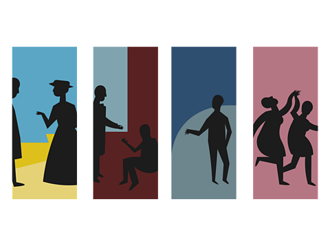 Four cartoon rectangular cutouts of the outlines of some figures.