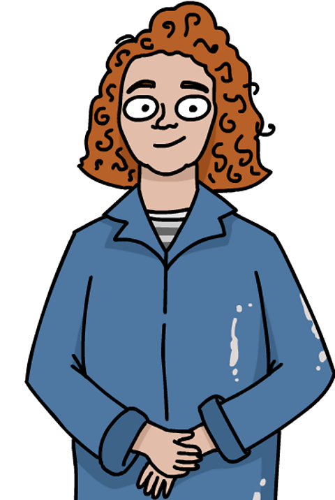 A cartoon version of Rachel Whiteread wearing blue overalls. Rachel has curly ginger hair.