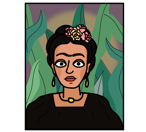 A cartoon portrait of Frida Kahlo. She is wearing black and has pink flowers in her hair.