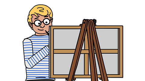 A cartoon younger Hockney with a blue and white stripy tshirt paints a canvas.