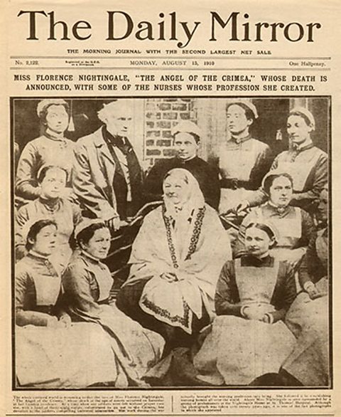 The front page of The Daily Mirror reads - Miss Florence Nightingale "Angel of the Crimea" whose death is announced. An older Florence sits surrounded by 10 women (presumed all nurses) and one unidentified man.