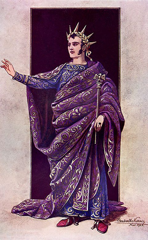 An emperor in an ornate purple toga and tunic with gold embroidery, he carries a gold or bronze staff and wears a headdress of the same metal