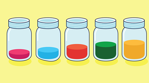 A cartoon of jam jars in a row with different coloured liquids in to form a jam jar xylophone.