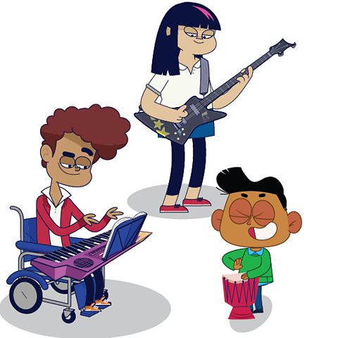 Three children playing different instruments - a keyboard, drum and electric guitar.