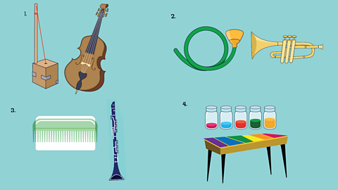 Image of 1. Cello and big box bass, 2. Trumpet and hosepipe horn, 3. Comb kazoo and clarinet, 4. xylophone and jam jar liquid xylophone.