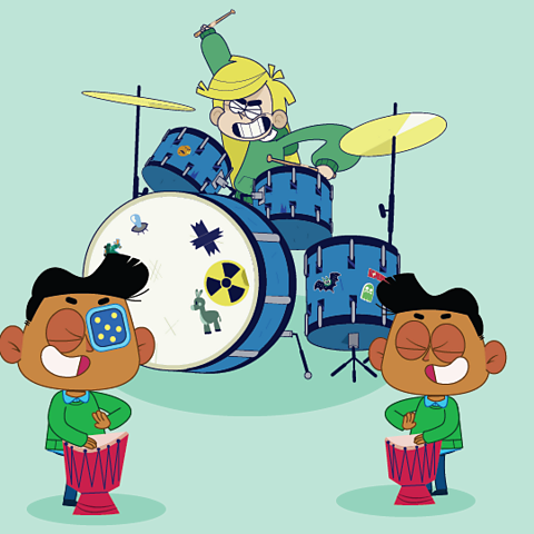 A cartoon of a young girl playing the drums