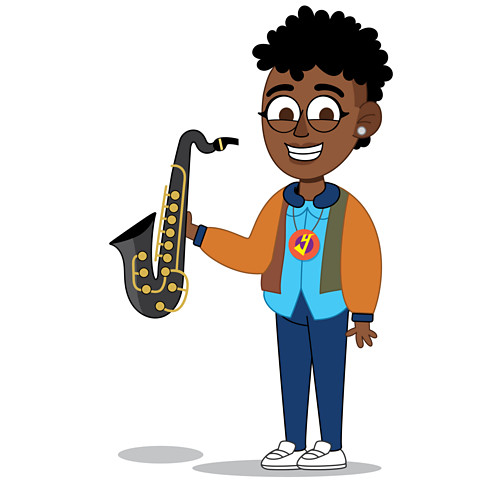 Cartoon image of Yolanda Brown holding a saxophone.