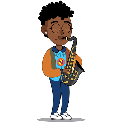 A cartoon of YolanDa playing a saxophone.