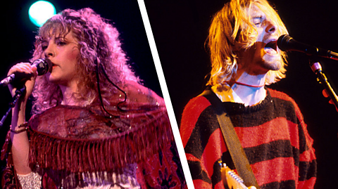 A composite of Stevie Nicks and Kurt Cobain - Stevie is in a red fringed shawl and Kurt is wearing a holey red and black striped jumper.