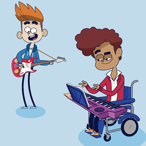 Two teenage boys, Ed and Hasan, playing a guitar and keyboard.