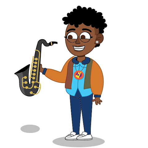 A cartoon of Yolan Da holding a Saxophone 