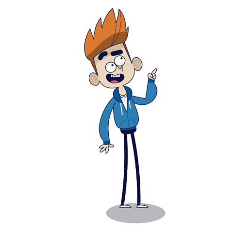 A cartoon of a young boy pointing upwards