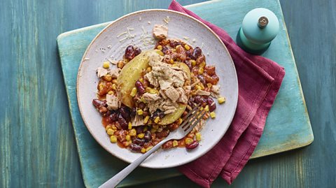 Microwave jacket potato with spicy beans