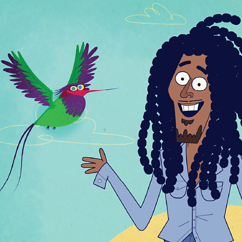 A cartoon of Bob Marley with a bird