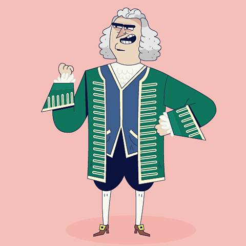 Cartoon image of Bach standing with left hand on hip and right hand in front of him.