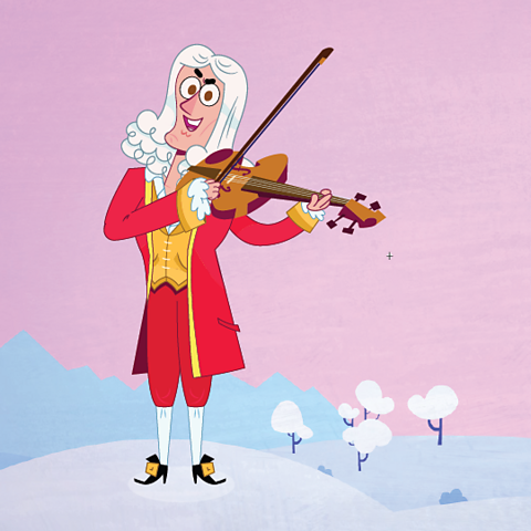 Cartoon image of Vivaldi playing the violin on a wintery background.