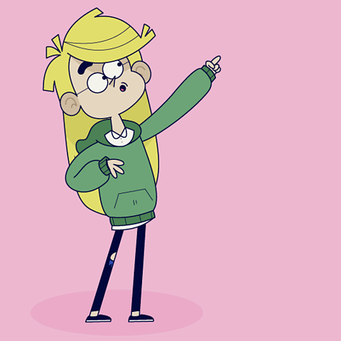 A cartoon of a young girl with her arm up and pointing