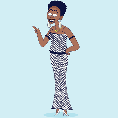 A cartoon of Nina Simone pointing and smiling.